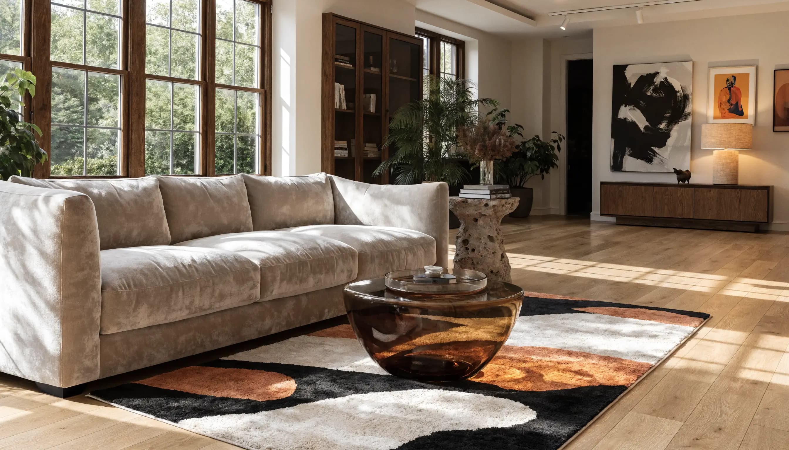 Virtually staged living room furnished from an empty space
